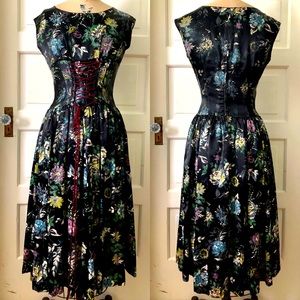 Floral black satin dress with lace up front